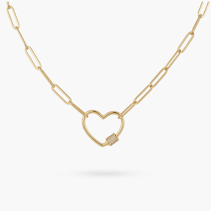 Gold Paperclip Chain Link Necklace - Heart