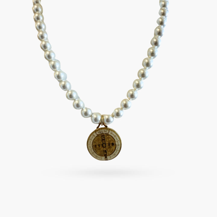 Coco Pearls with St Benedict Medallion