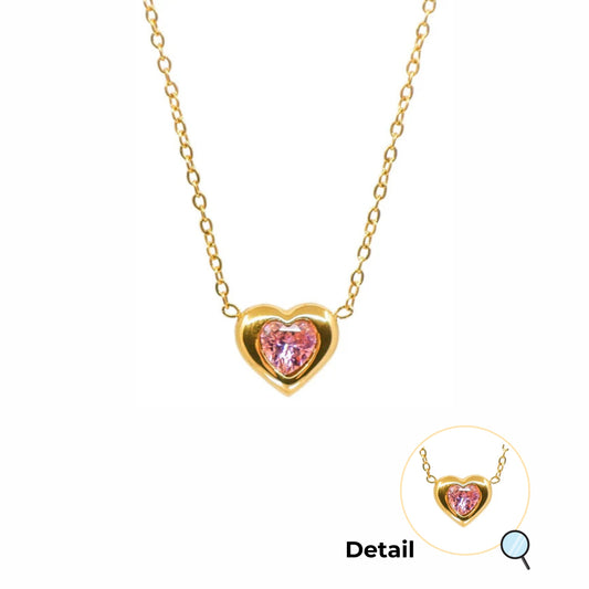 Pink Stone in Gold Heart Necklace