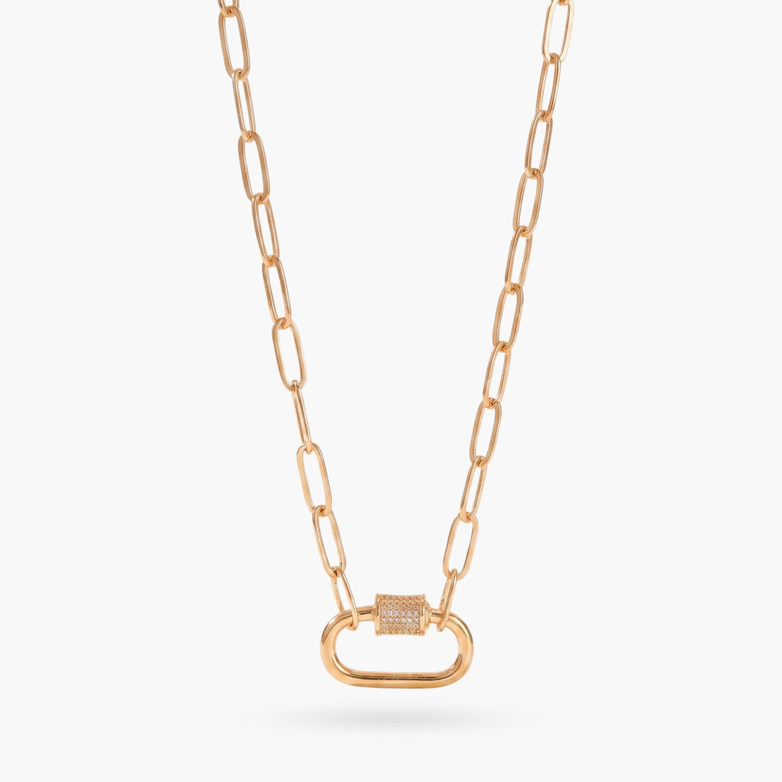 Gold Paperclip Chain Link Necklace - Carabiner with Rhinestones