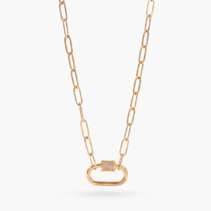 Gold Paperclip Chain Link Necklace - Carabiner with Rhinestones