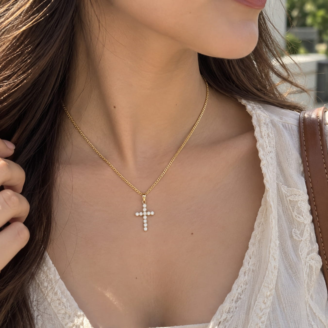 Crystal Dotted Gold Large Cross Necklace