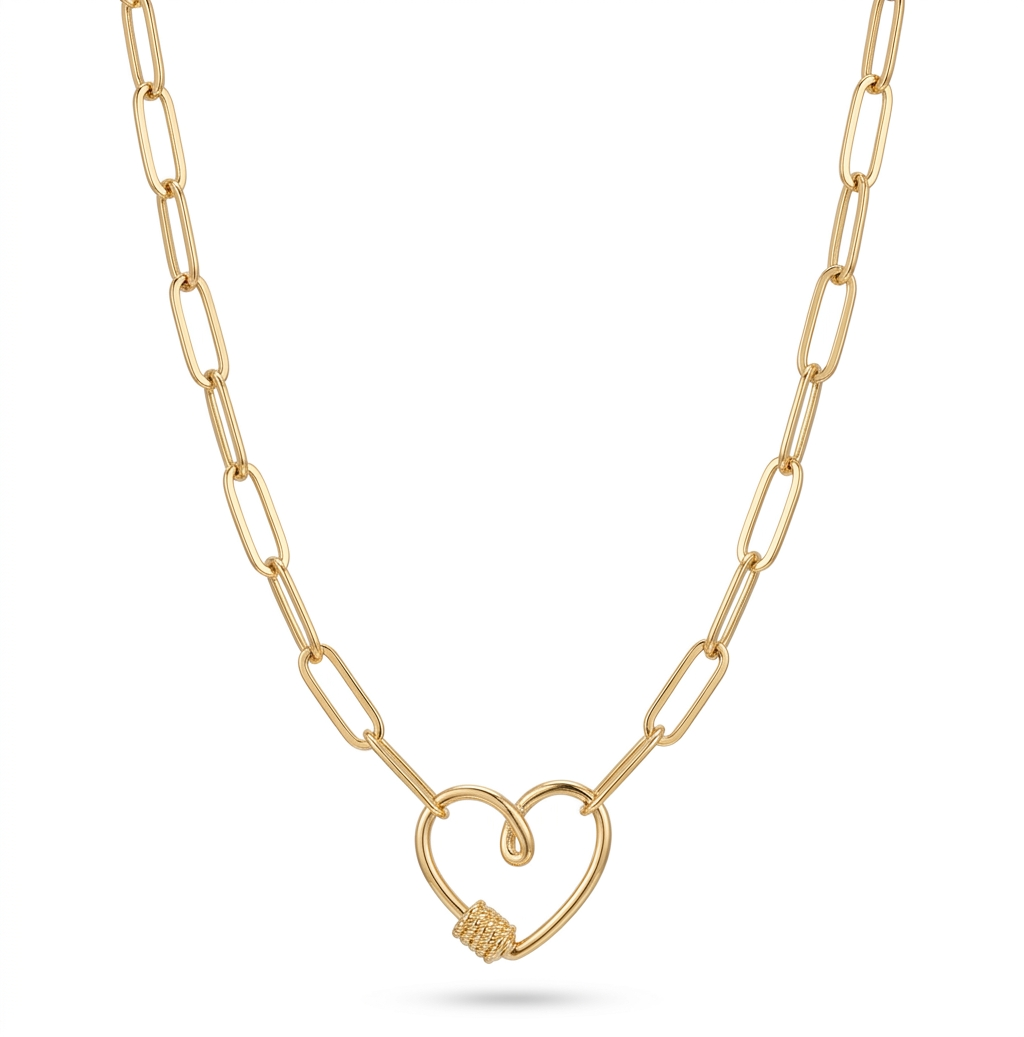 Gold Paperclip Chain Link Necklace - Heart