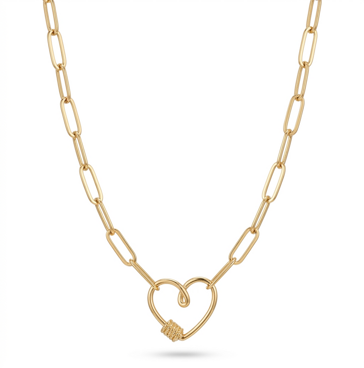 Gold Paperclip Chain Link Necklace - Heart
