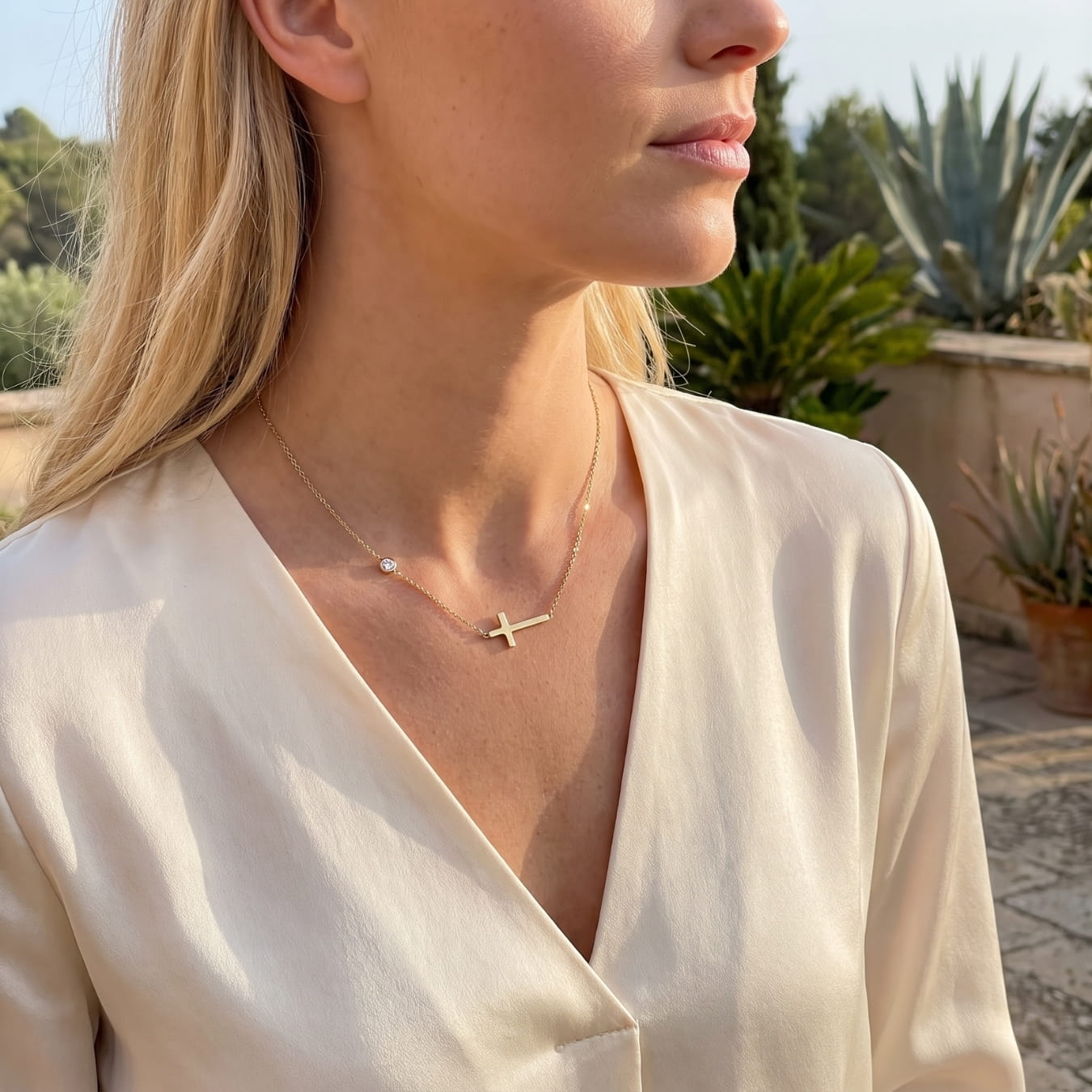 Horizontal Cross with Bezel Rhinestone Necklace