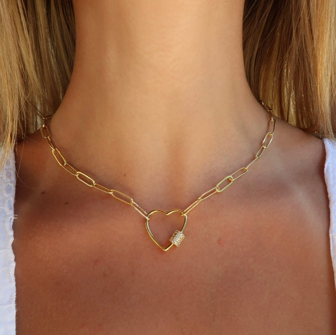 Heart Link Gold Paperclip Chain Necklace