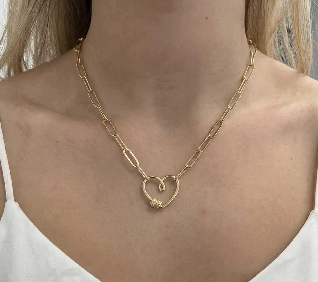 Gold Paperclip Chain Link Necklace - Heart