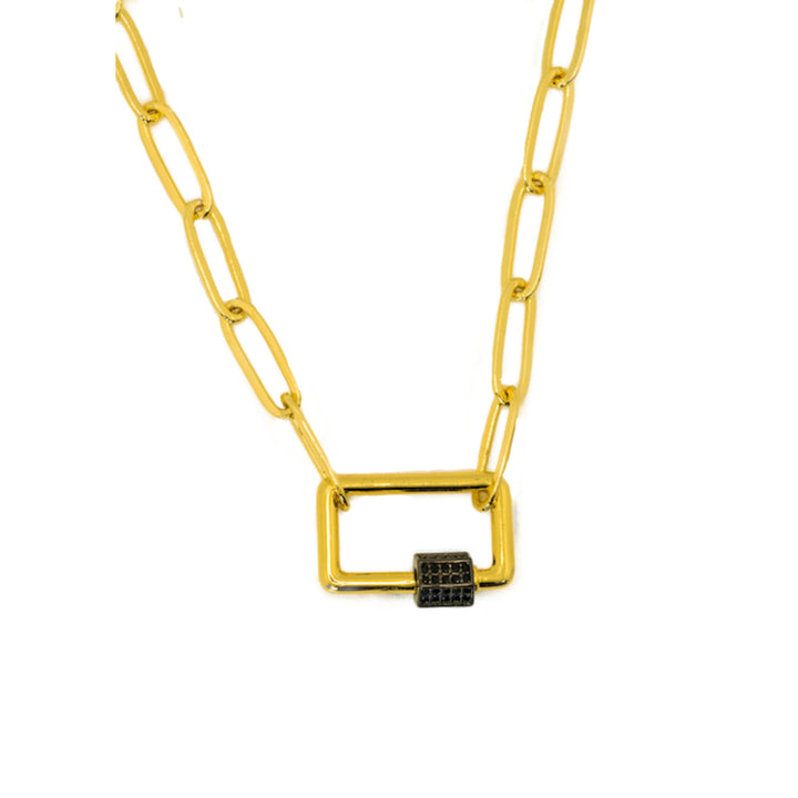 Gold Paperclip Chain Link Necklace - Square with Black Rhinestone