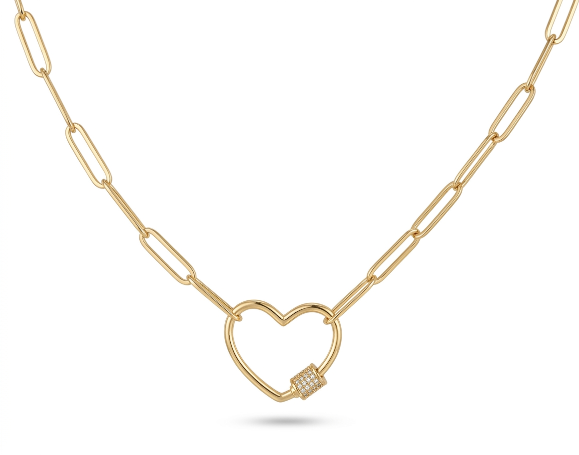 Gold Paperclip Chain Link Necklace - Heart