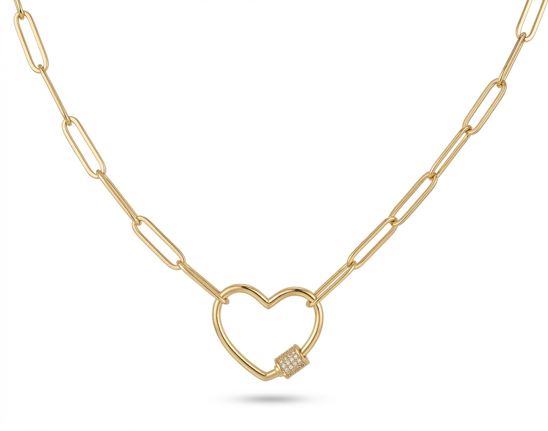 Gold Paperclip Chain Link Necklace - Heart