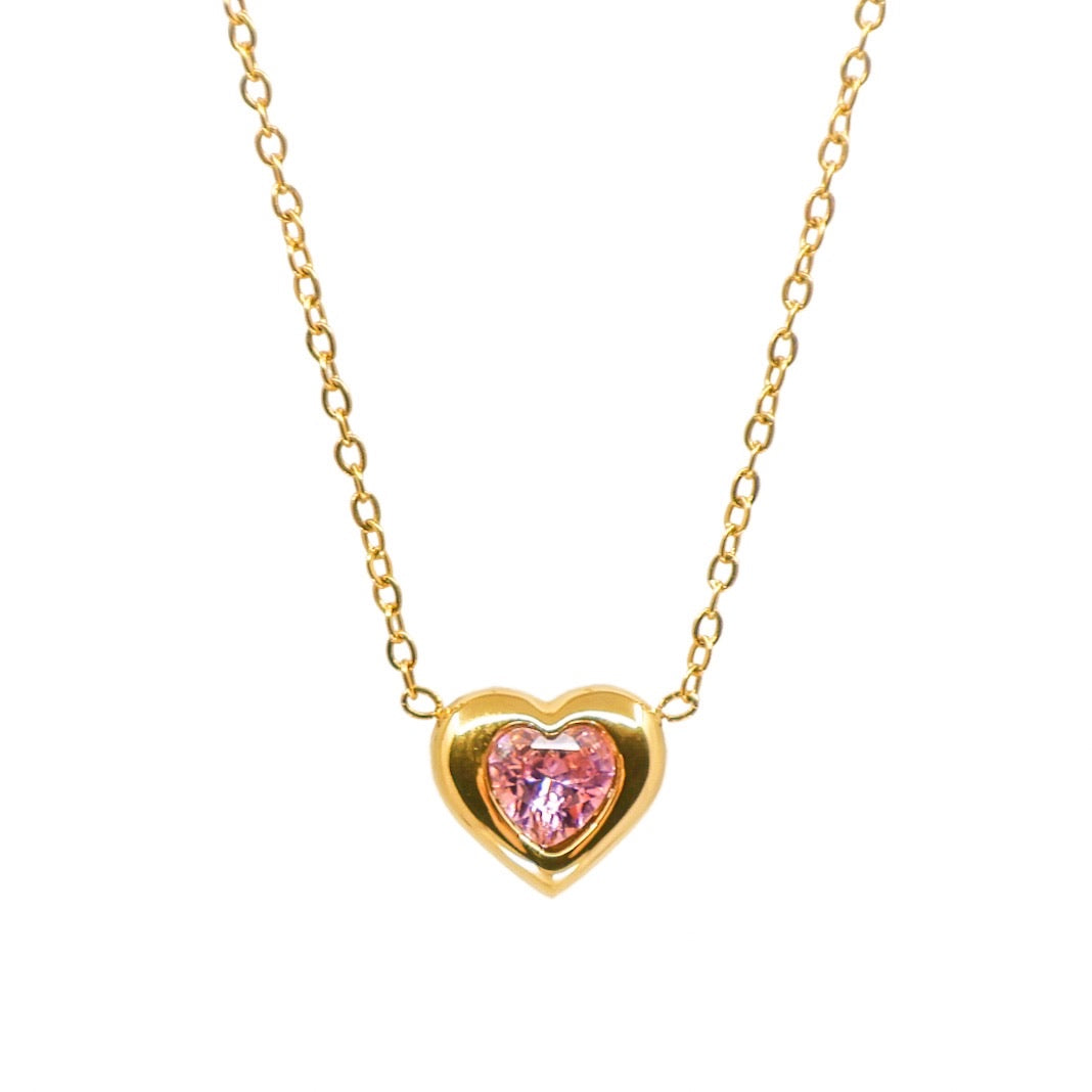 Pink Stone in Gold Heart Necklace