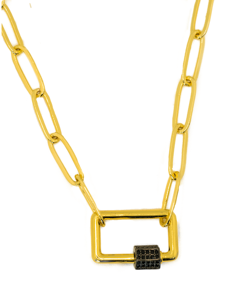 Square with Black Rhinestone on Gold Paperclip Chain Link Necklace